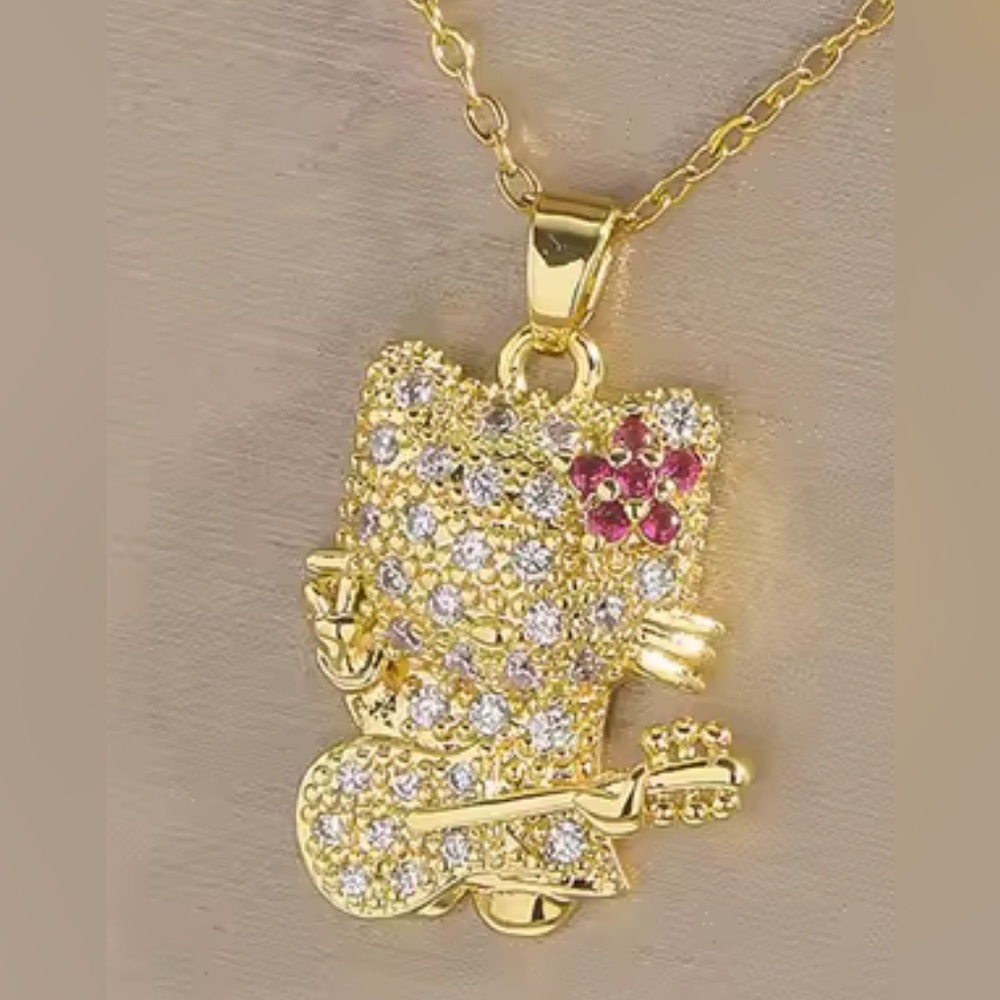 18K Gold Hello Kitty W/ Guitar & Peace Sign Pave Diamond Inlay Necklace Bohemian - Picture 3 of 3